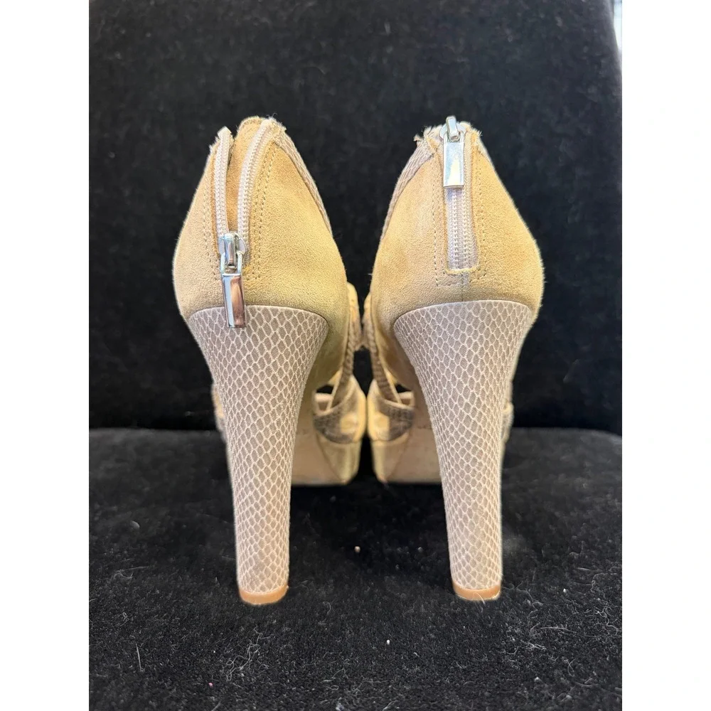 White House Black Market Snakeskin Suede Platform Peep Toe Heels Tan Size 8.5